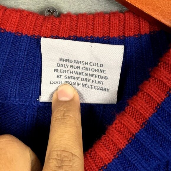 Y2K Victorious Knit Sweater Mens XL Blue Los Angeles Mock Neck Patches - Picture 6 of 12